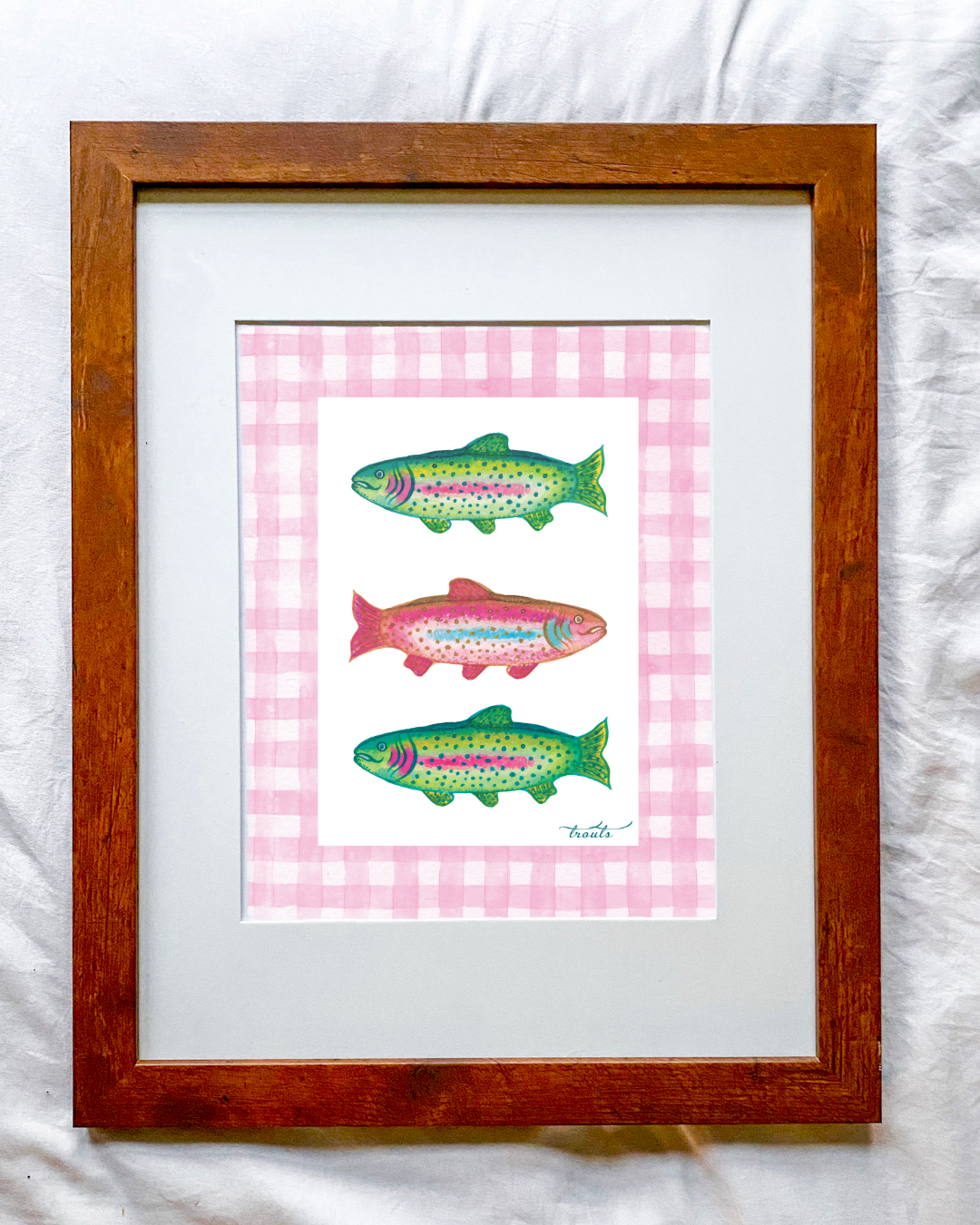 Rainbow Trouts on Gingham Boarder Print