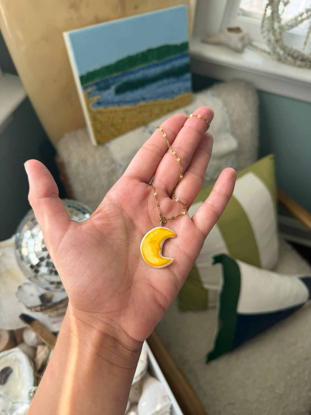 Yellow Moon on Paperclip Chain Necklace