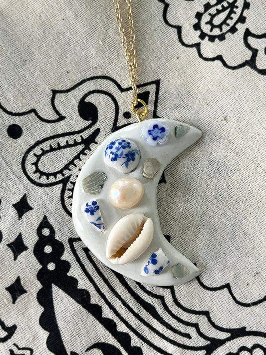 Blue and White Moon Gold Necklace