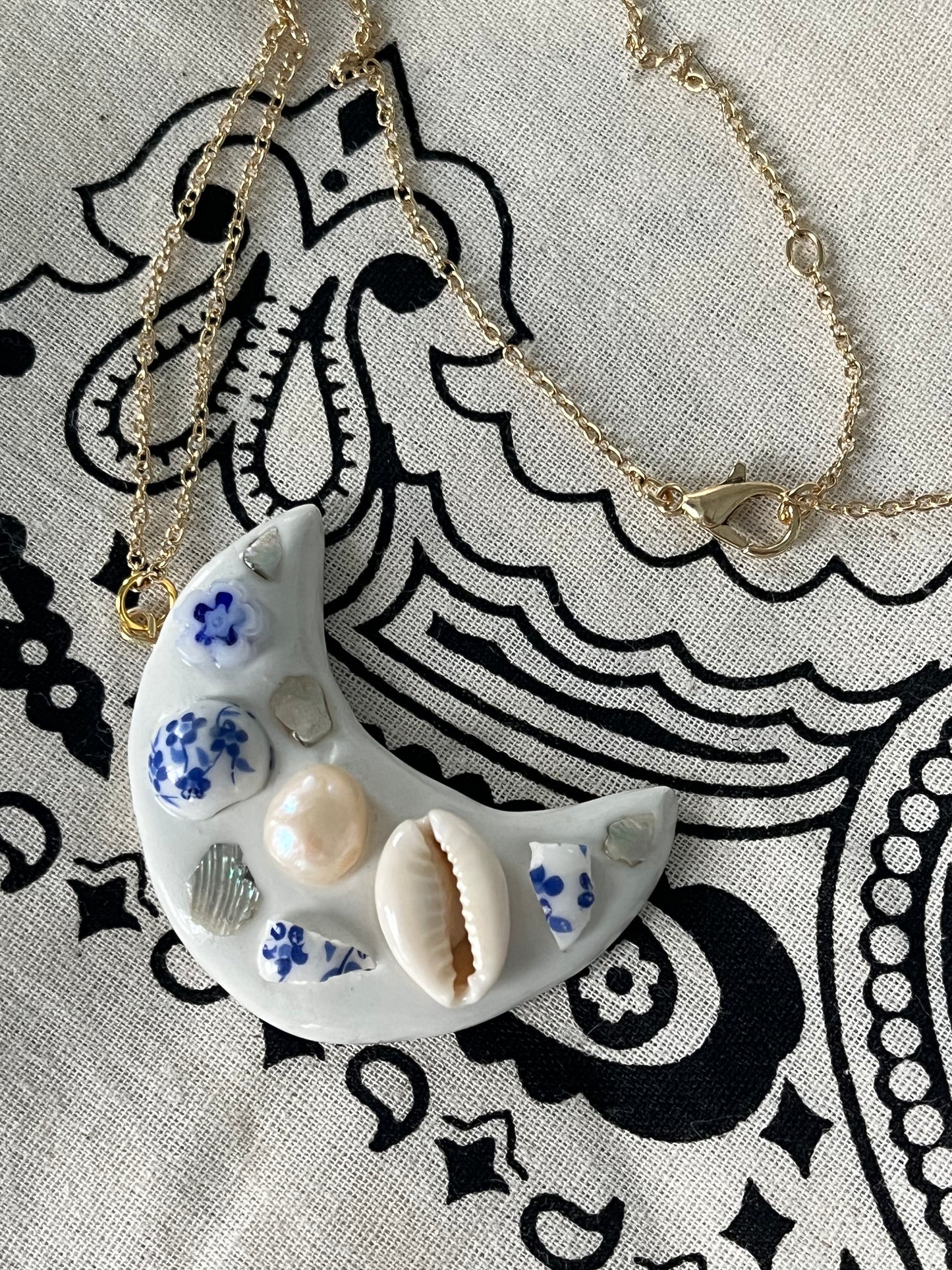 Blue and White Moon Gold Necklace