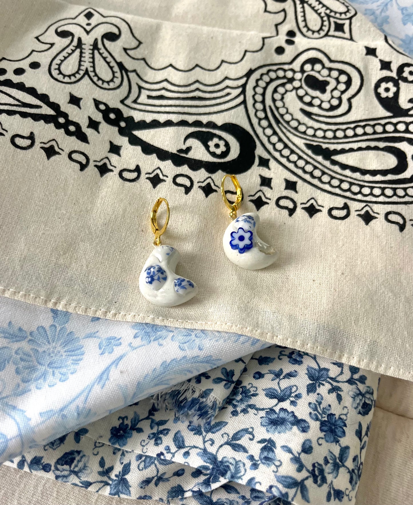 Blue and White Moon Gold Earrings