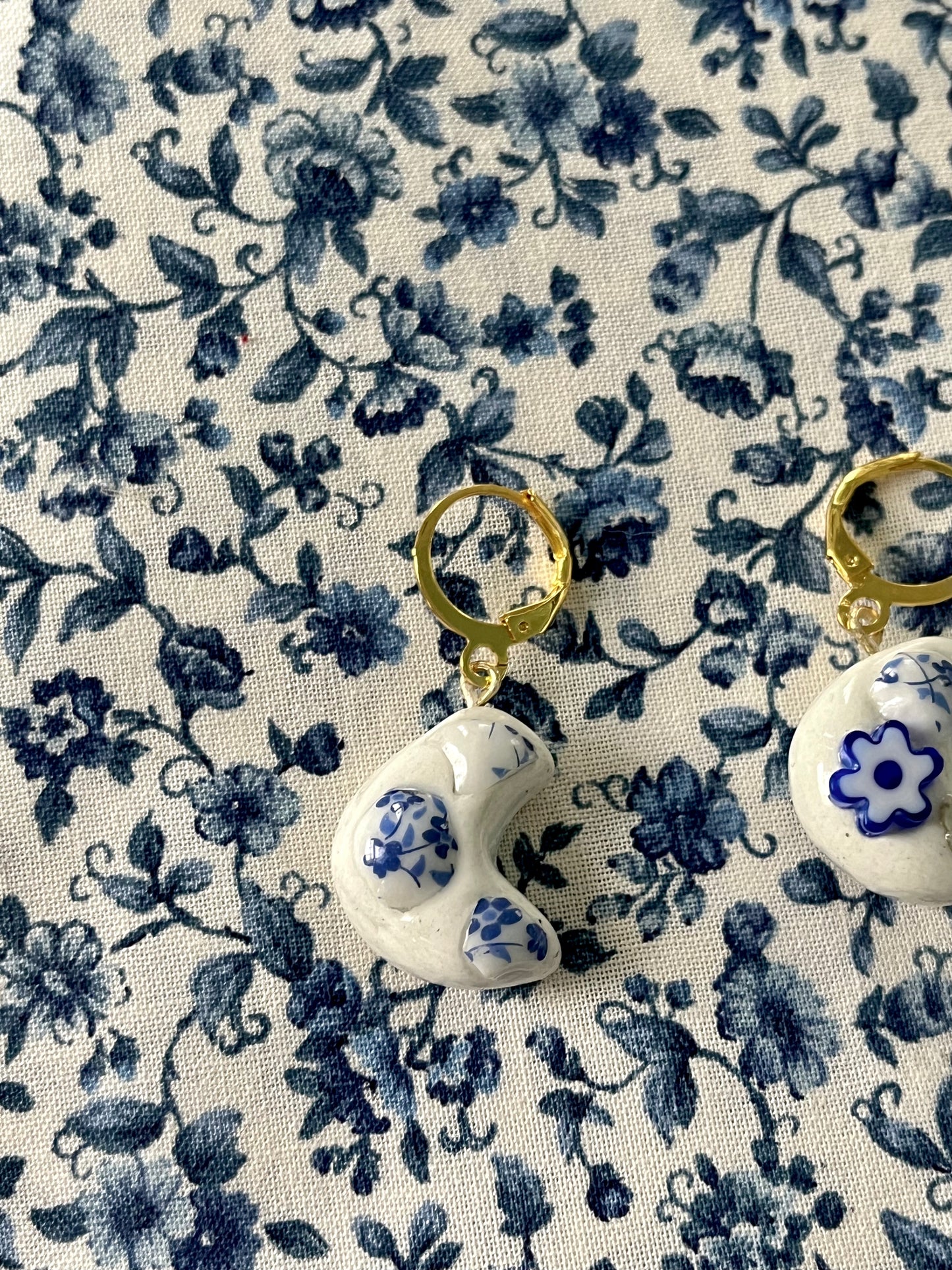 Blue and White Moon Gold Earrings