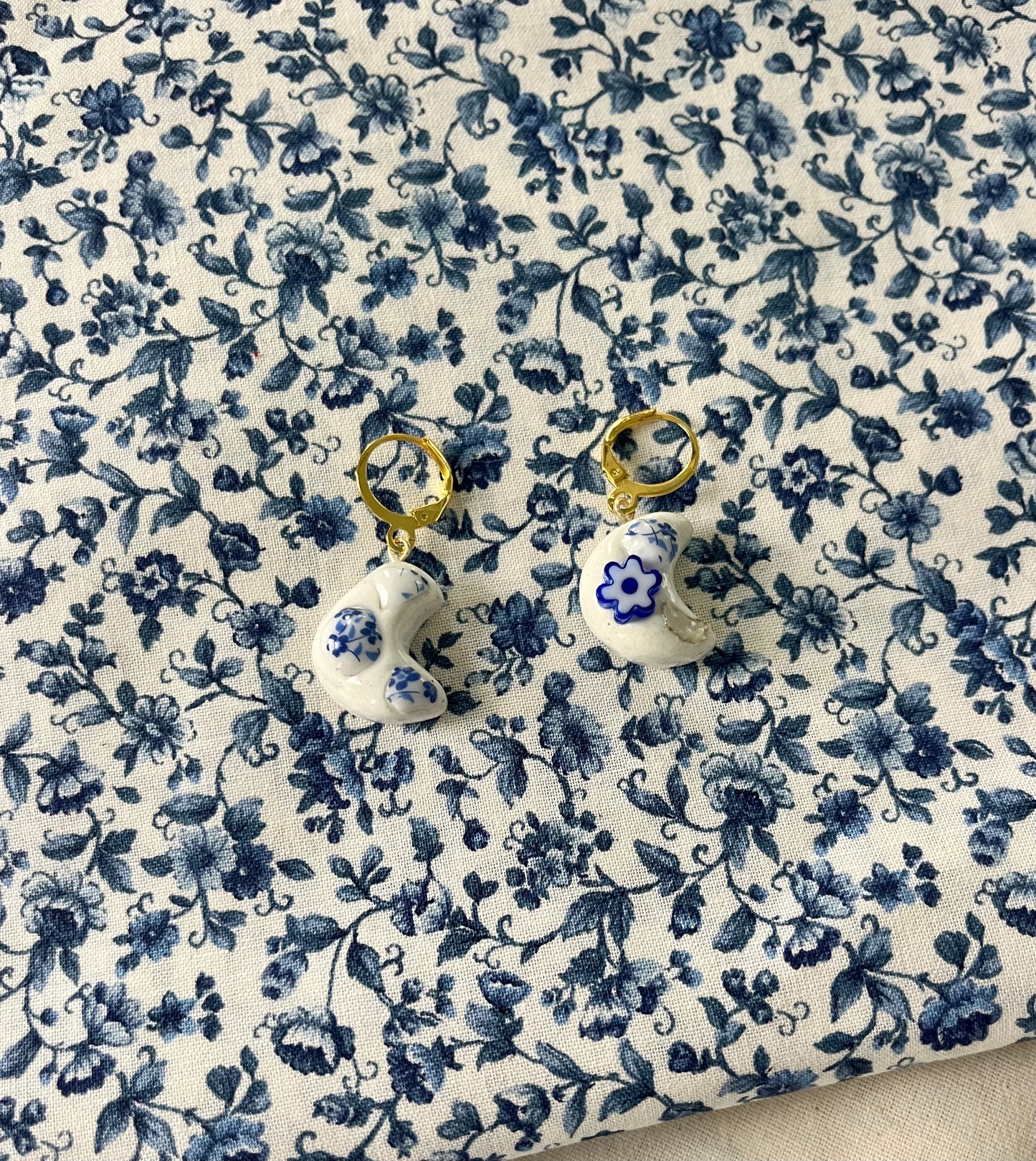 Blue and White Moon Gold Earrings